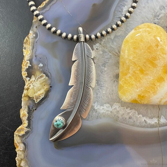 Billy Long Native American Sterling Oxidized Feather w/Turquoise Unisex Pendant - Picture 2 of 10